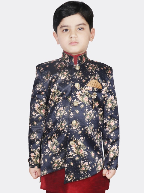 

SG YUVRAJ Boys Navy Blue Floral Printed Bandhgala Blazer