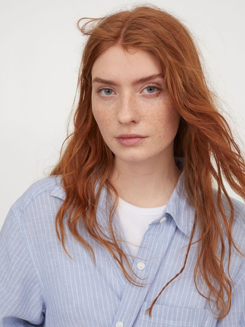 

H&M Women Blue & White Cotton Linen-Blend Shirt Dress