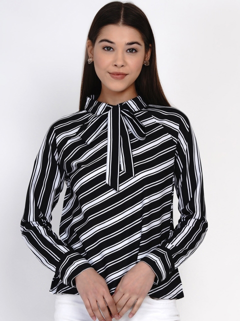 

Texco Black & White Striped Tie-Up Neck Regular Top