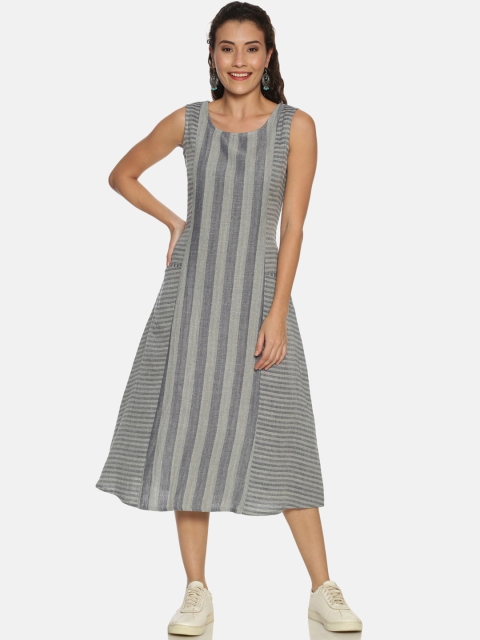 Saffron Threads Women Grey Striped Cotton A-Line Dress