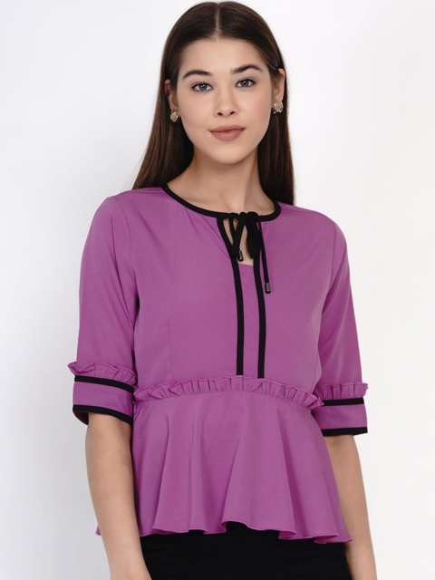 

Texco Purple Tie-Up Neck Peplum Top