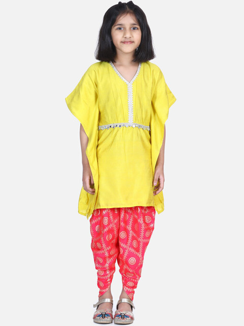 

LilPicks Girls Mustard Embroidered Kurta with Dhoti Pants