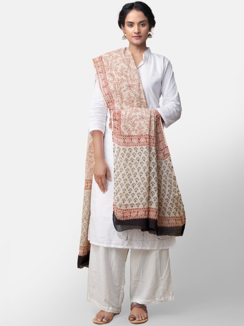 

Unnati Silks Cream-Coloured & Red Printed Dupatta