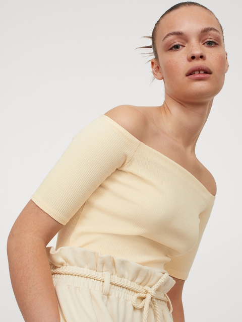 

H&M Women Pastel Yellow Ribbed Off-The-Shoulder Top