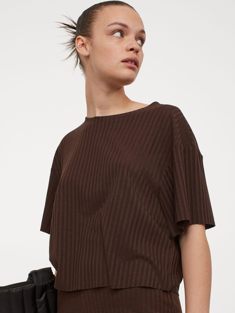 

H&M Women Coffee Brown Ribbed Cropped Top