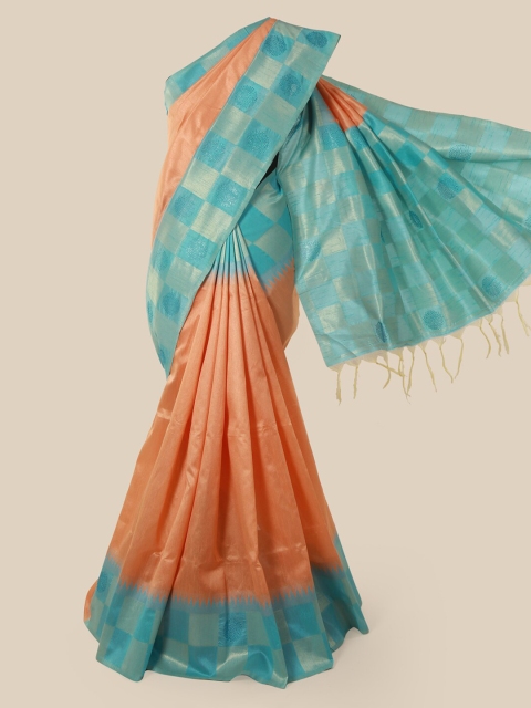 Pothys Peach-Coloured & Blue Jute Silk Solid Saree
