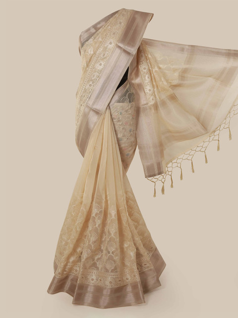 

Pothys Cream-Coloured Woven Design Organza Saree With Tasseled Pallu