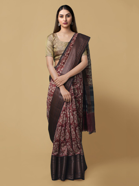 

Unnati Silks Maroon Silk Cotton Printed Maheshwari Saree