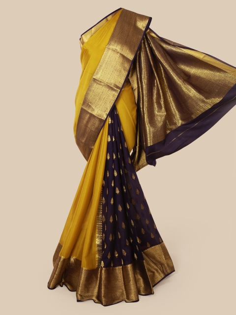 

Pothys Mustard Yellow & Navy Blue Pure Silk Solid Mysore Silk Saree