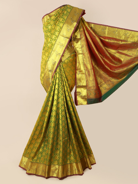 

Pothys Green & Gold-Toned Pure Silk Woven Design Kanjeevaram Saree