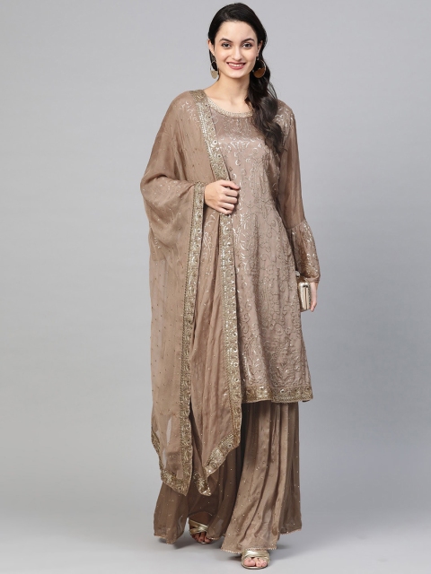 

Ishin DESIGNER STUDIO Women Brown Embellished Kurta with Sharara & Dupatta