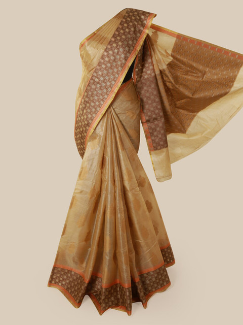 

Pothys Cream-Coloured & Brown Pure Silk Woven Design Tussar Saree