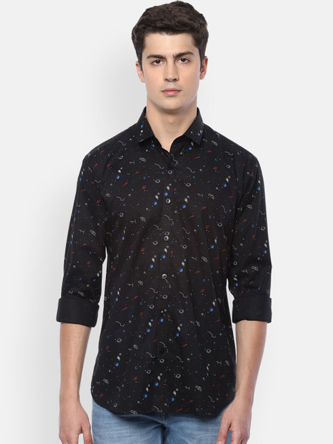 

V Dot Men Black Slim Fit Printed Casual Shirt