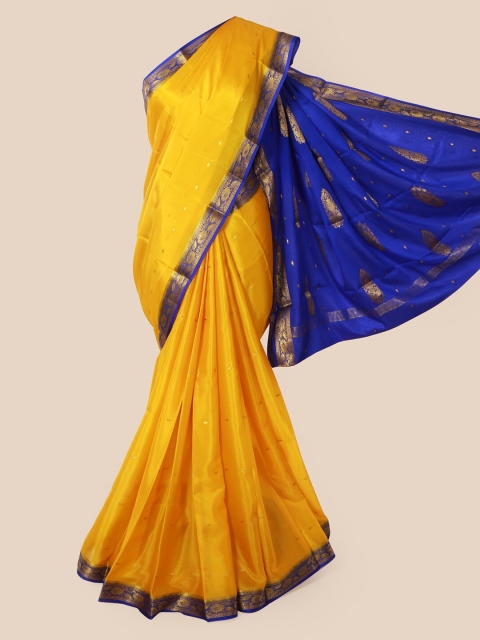 

Pothys Yellow & Blue Pure Silk Solid Mysore Silk Saree