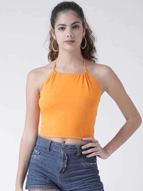 

Texco Mustard Yellow Solid Halter Neck Fitted Crop Top