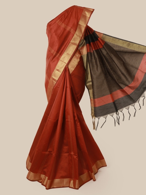 

Pothys Maroon Striped Jute Silk Saree With Tasseled Pallu
