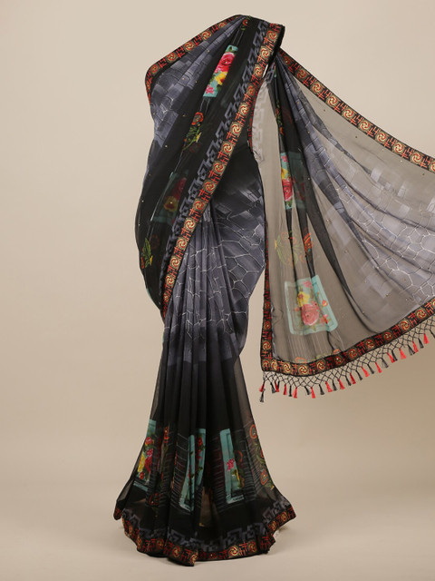 

Pothys Grey Floral Printed Poly Chiffon Saree With Tasseled Pallu