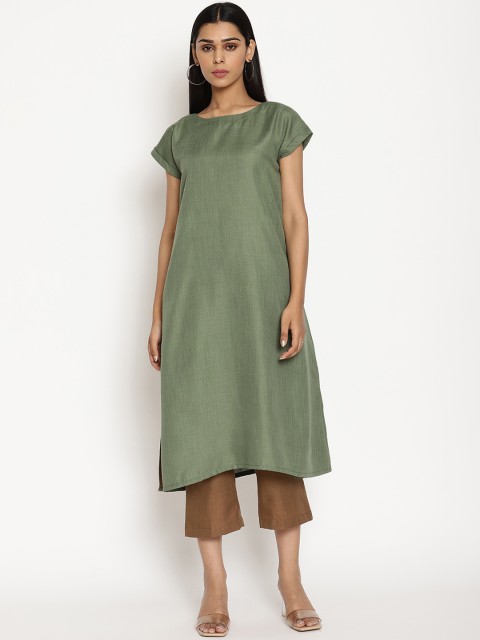 

trueBrowns Women Olive Green & Brown Solid Kurta with Trousers