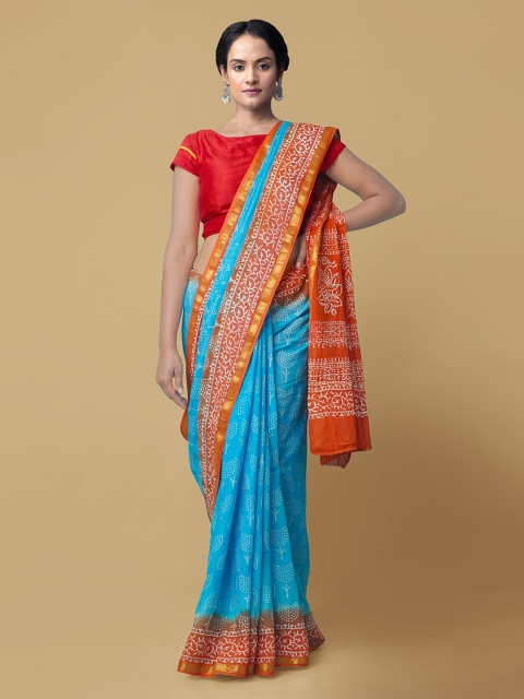 

Unnati Silks Blue Pure Cotton Hand Block Printed Saree