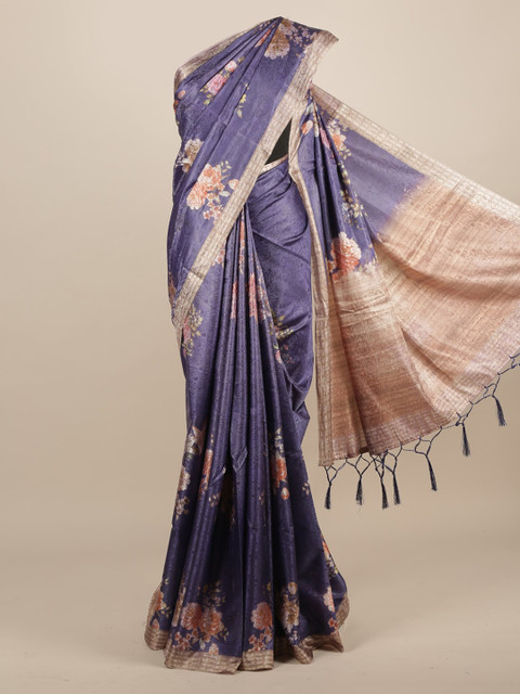 

Pothys Blue Printed Jute Silk Saree With Tasseled Pallu