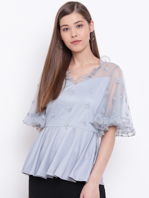

Texco Blue Self Design Embroidered Flared Sleeves A-Line Top