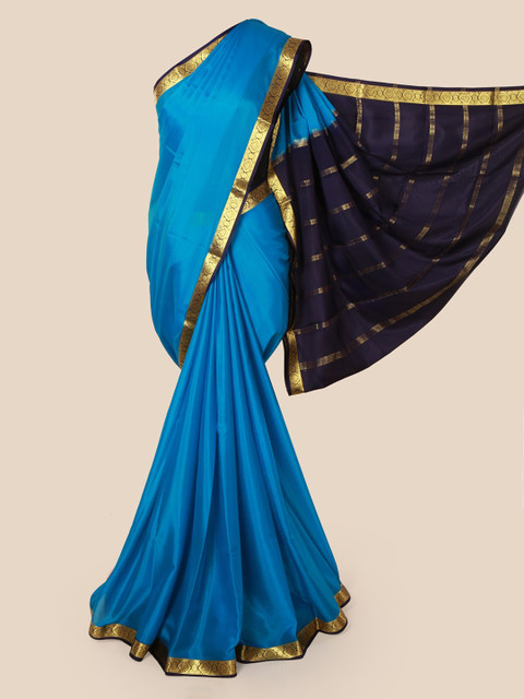 

Pothys Blue & Gold-Toned Pure Silk Solid Mysore Silk Saree