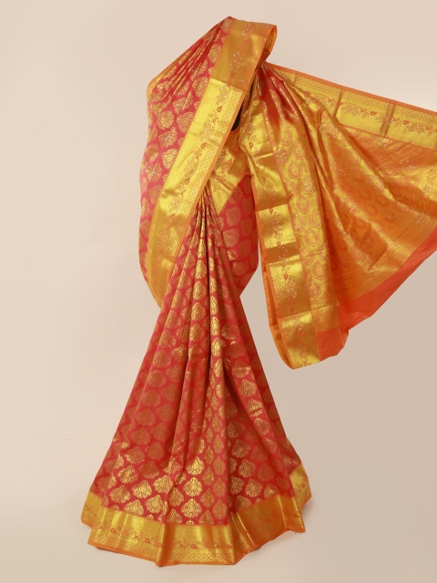 Pothys Peach-Coloured & Gold-Toned Pure Silk Woven Design Kanjeevaram Saree