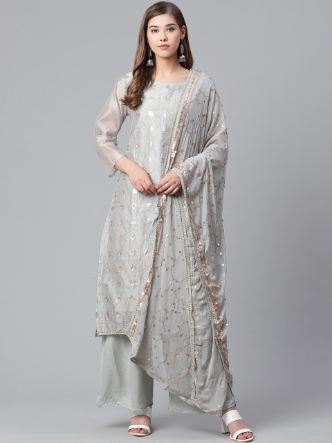 

Ishin DESIGNER STUDIO Women Grey Woven Design Straight Chanderi Silk Kurta Set
