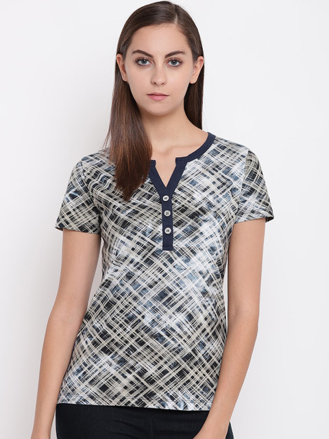 

Miss Grace Women Navy Blue Checked Round Neck T-shirt