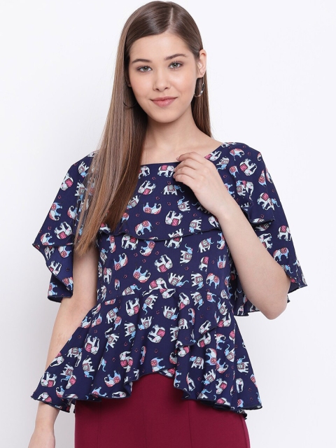 

Texco Navy Blue Printed Cape Sleeves Peplum Top