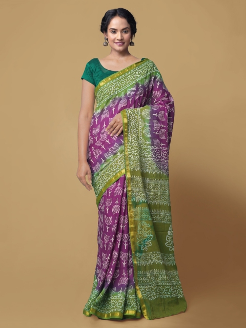 

Unnati Silks Purple Pure Cotton Printed Block Print Saree
