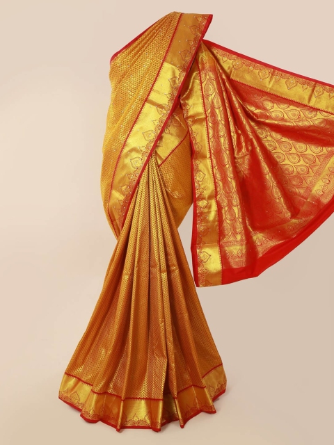 

Pothys Gold-Toned & Red Pure Silk Woven Design Kanjeevaram Saree