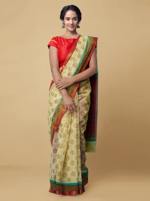 

Unnati Silks Yellow & Red Pure Cotton Printed Handloom Kota Saree