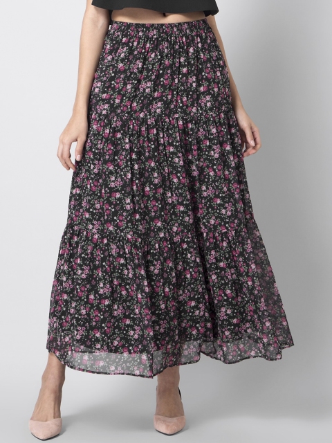 

FabAlley Women Black & Pink Floral Printed Tiered Maxi Skirt