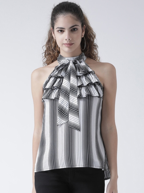 

Texco Black & White Striped Halter Neck Monochrome Ruffled A-Line Top