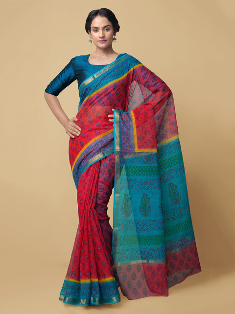 

Unnati Silks Red & Blue Pure Cotton Printed Kota Saree