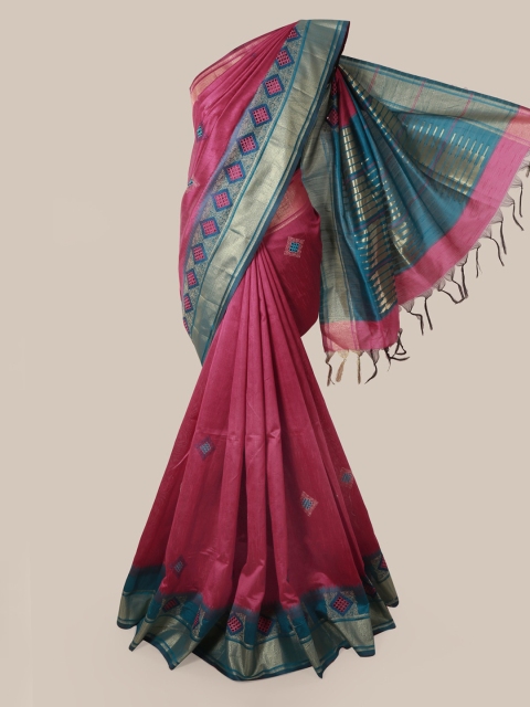 Pothys Pink & Turquoise Blue Jute Silk Woven Design Saree