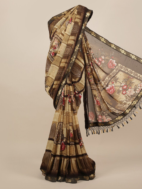 

Pothys Cream-Coloured Printed Poly Chiffon Saree