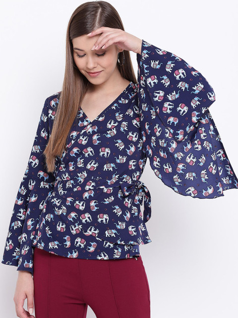 

Texco Navy Blue Printed Bell Sleeves Wrap Top