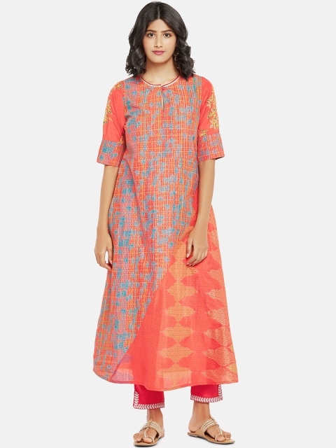 

RANGMANCH BY PANTALOONS Women Orange Floral Thread Work Kurta
