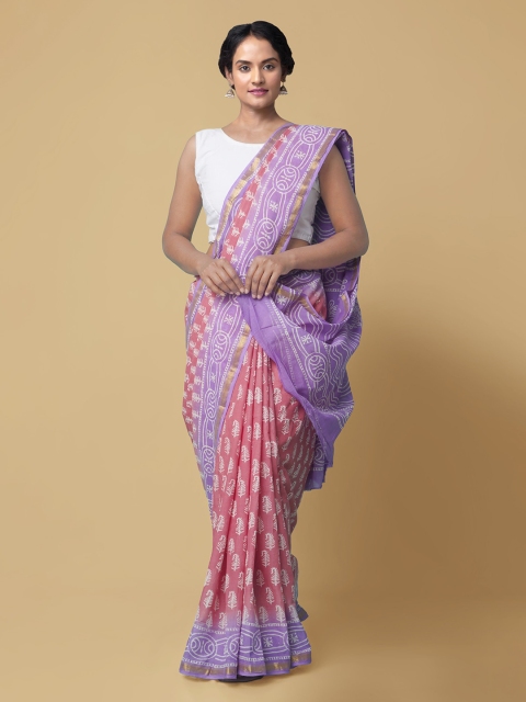 Unnati Silks Pink Pure Cotton Printed Block Print Saree
