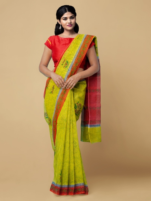 

Unnati Silks Green & Red Pure Cotton Printed Handloom Kota Saree