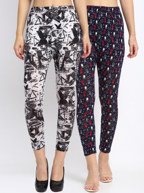 

NEUDIS Women Pack of 2 Printed Skinny Fit Ankle Length Crop Leggings, Black