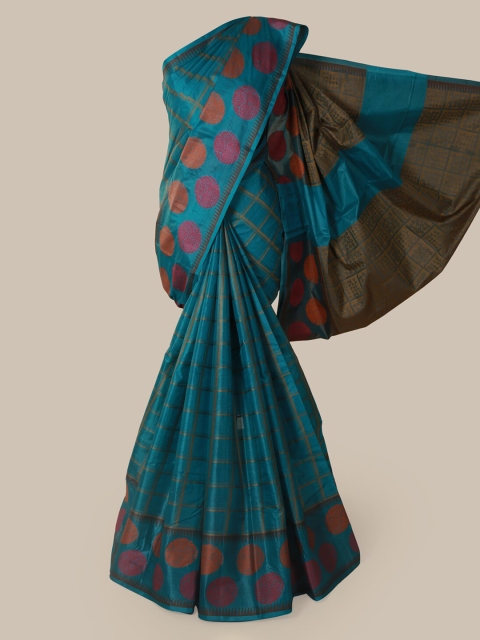 

Pothys Blue & Pink Pure Silk Checked Tussar Saree