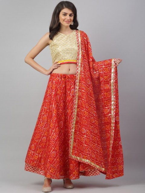 

ANAISA Women Gold-Coloured & Red Flared Kota Doria Gotta Work Skirt With Top & Dupatta