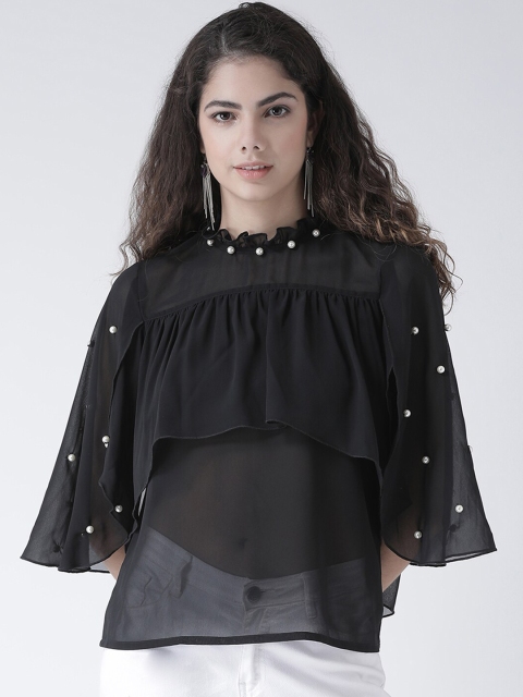 

Texco Black Solid Embellished Flared Sleeves Layered Regular Top