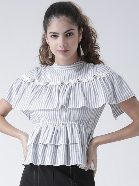 

Texco Blue & White Striped Layered Pure Cotton Cinched Waist Top