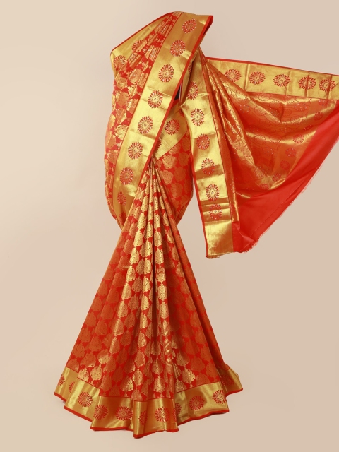 

Pothys Orange & Gold-Toned Pure Silk Woven Design Kanjeevaram Saree