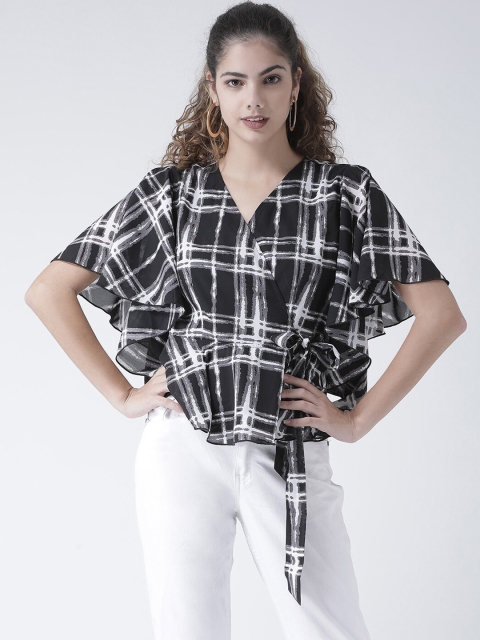 

Texco Black & White Checked Flared Sleeves Monochrome Wrap Top