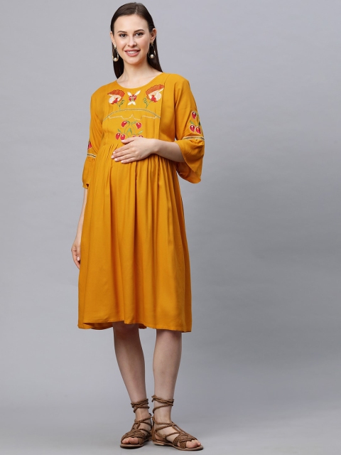 

MomToBe Women Mustard Yellow Embroidered Maternity Dress